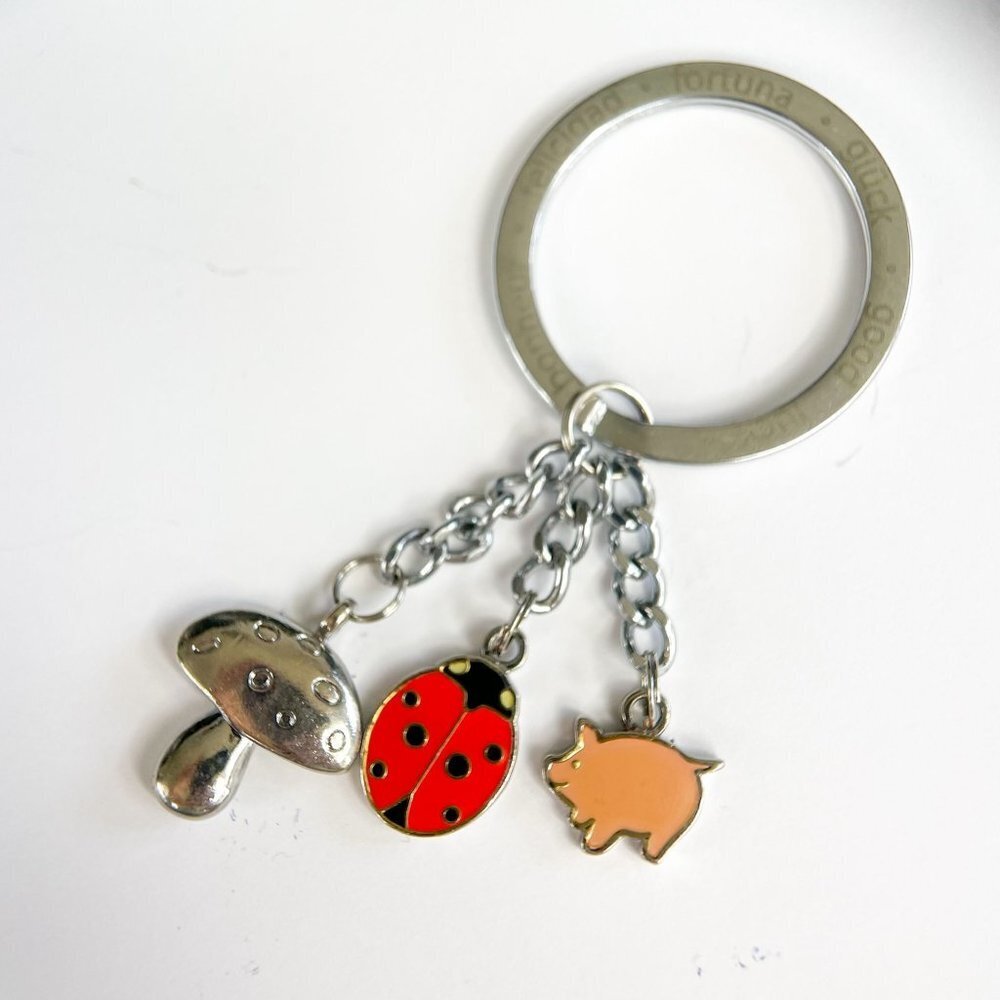 Troika Luck Gluck 3-charm Keychain Keyring Mushroom Ladybug Piggy